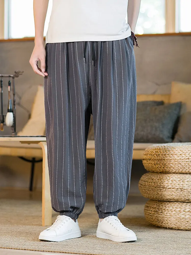 

Мужские летние повседневные брюки свободного кроя из хлопка и льна с широкими штанинами, в полоску, в стиле харлан, удобные, дышащие