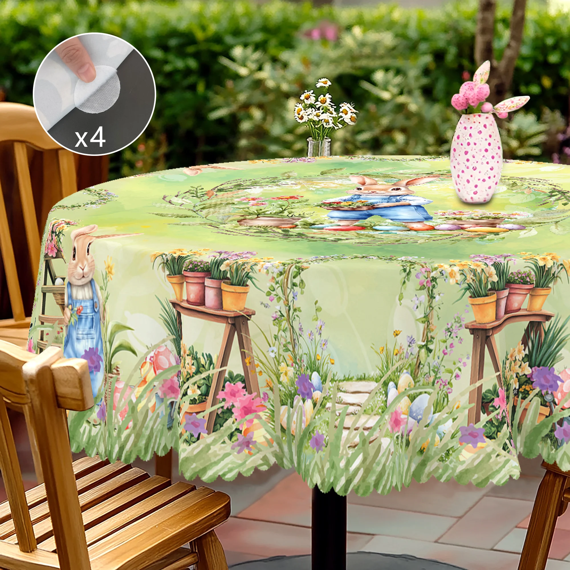 1 Easter Round Tablecloth, 5 Sizes Available, Retro Style Garden Easter Bunny Egg Print Tablecloth, Edge Embossing Process, Spring Garden Tablecloth