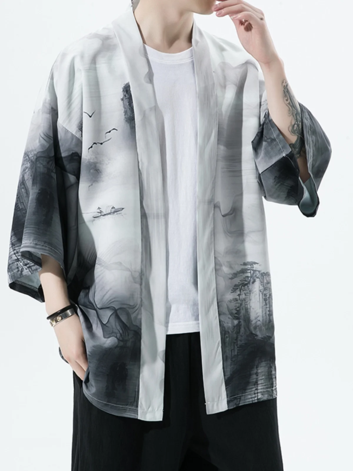 

New Chinese Sle Men's Summer Faion Silk Ice Open Cardigan Dao Pao Sun Protection Outerwear Casual Loose Fit Long Sve