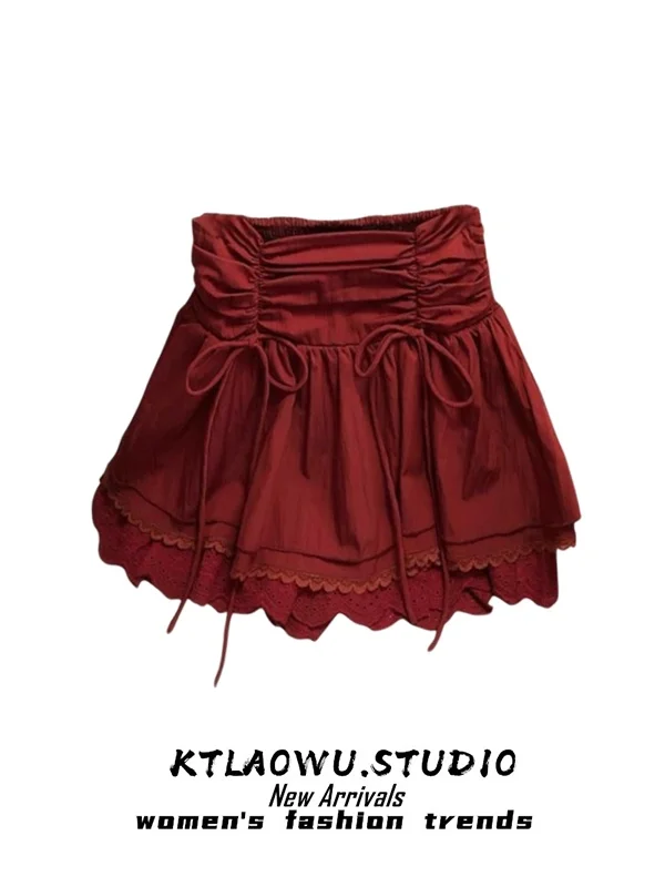 Gonna ort in pizzo bianco con fiocco elastico in vita da donna Sle Primavera Autunno Nuovo modello Gonna torta Vita alta rimbalzo Abbigliamento quotidiano