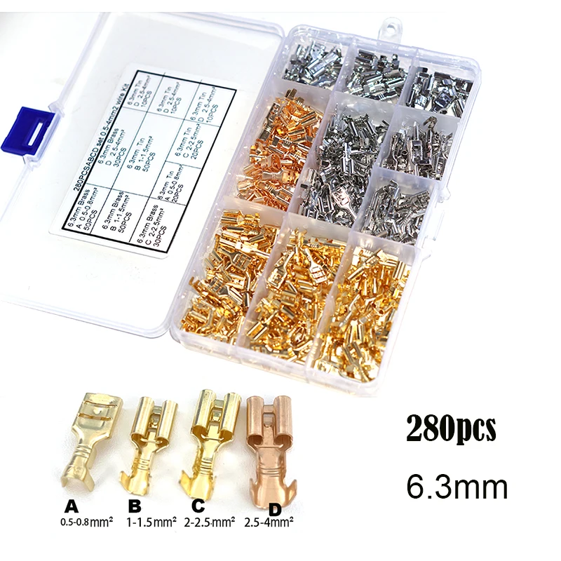 50/125/280 Pcs 0.5-4mm2 Quick Splice 6.3mm Female Wire Spade Connector 6.3 Wire Crimp Terminal Set