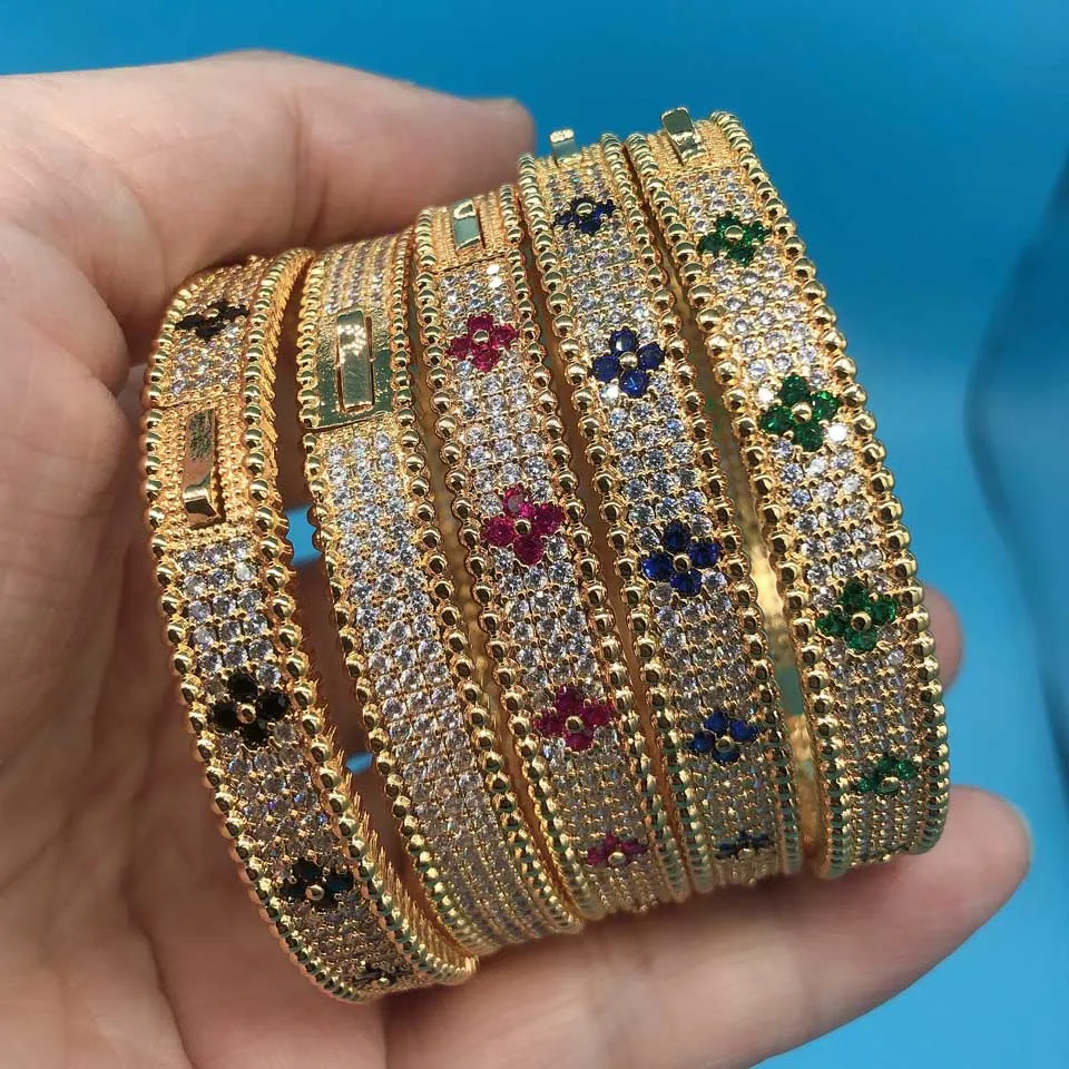 Zlxgirl Luxury brand 1pc sale Green Red Blue Jet White Clear zircon wedding bangle of Women size fashion Dubai Gold Bracelet