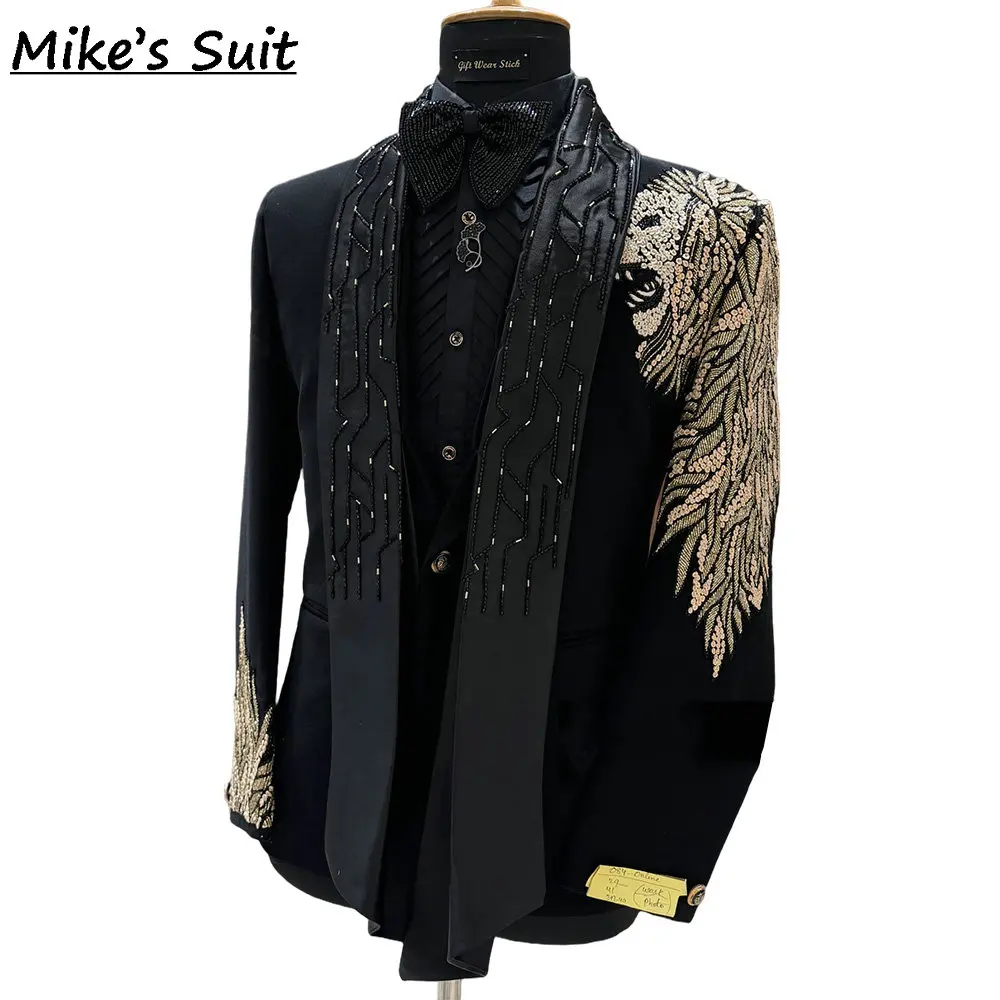 Black Luxury Suits Men For Wedding Jacket Pants 2 Piece Gold Sequined Appliques Man Suit Groom Tuxedos Fashion Party Outfits