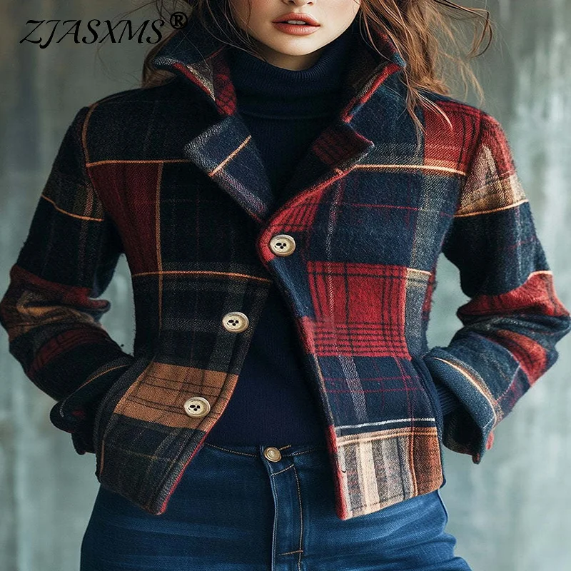 

Retro Plaid Print Patchwork Woman Jacket Elegant Single Breasted Stand Collar Suit Coat Autumn Long Sleeve Pocket Tops Outerwear