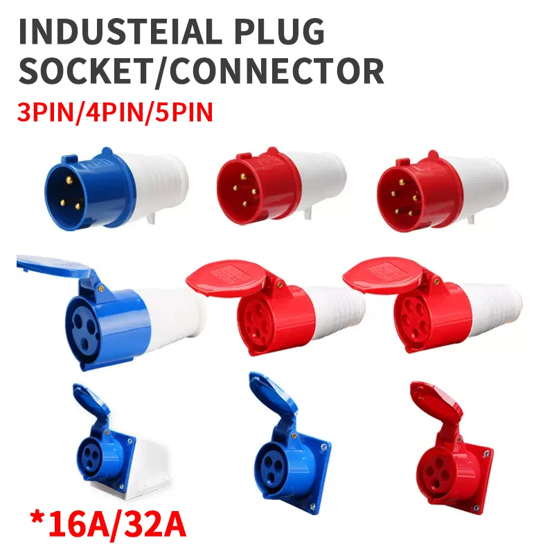 

10Pcs Industrial plug and socket waterproof connector 3PIN 4PIN 5PIN 16A/32A waterproof electrical connection wall mount socket