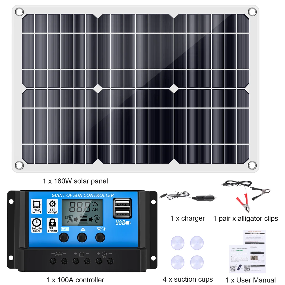 Kit Painel Solar para Caravan Boat e RV, Carregador de Bateria, 100A Controlador, 180W, 12V