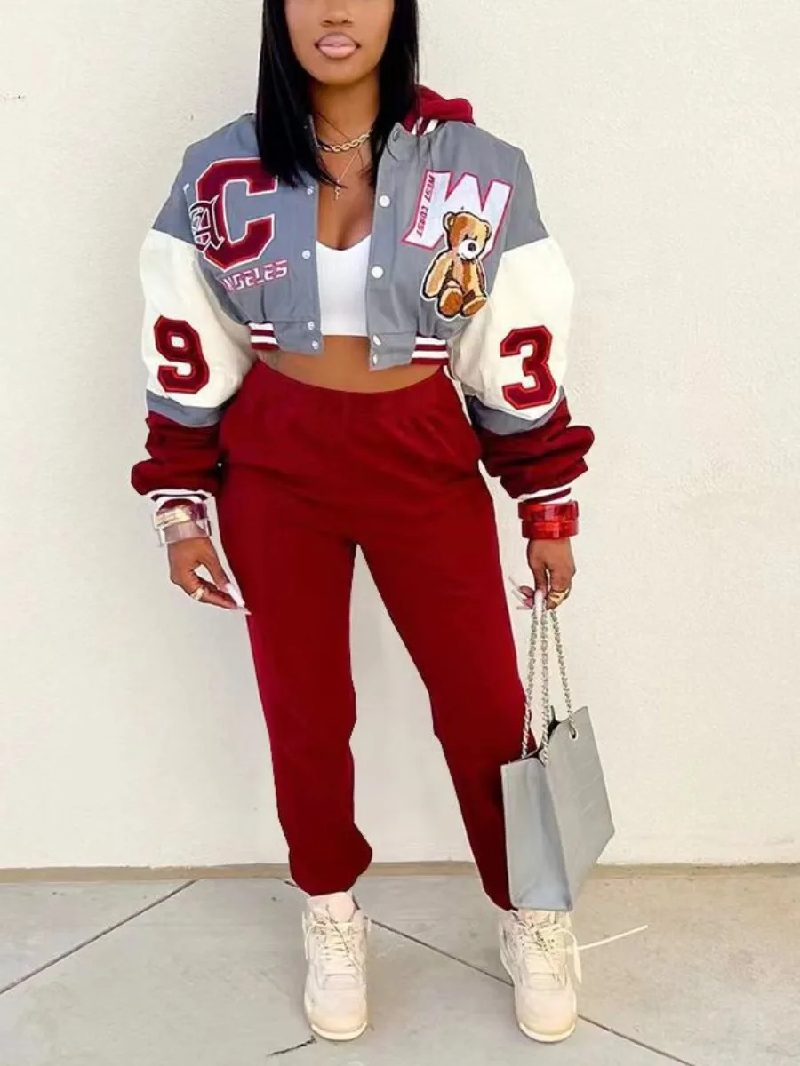 LW Plus Size Autumn Two pieces set Crop coat Letter Decor Top +solid Pants Set women warm Hoodie jacket & pants 2pcs set