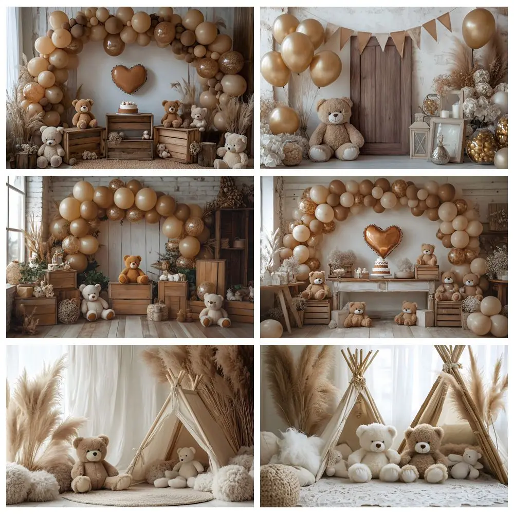 

Baby 1st Birthday Party Photography Backdrop Brown Bear Balloons Arch Tent Newborn Cake Smash Kids Portrait Photo Background