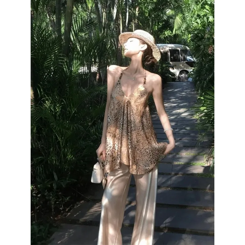 

Womens Leopard Print Halter Top and Satin Wide Leg Pants Set Casual 2 Piece Outfit