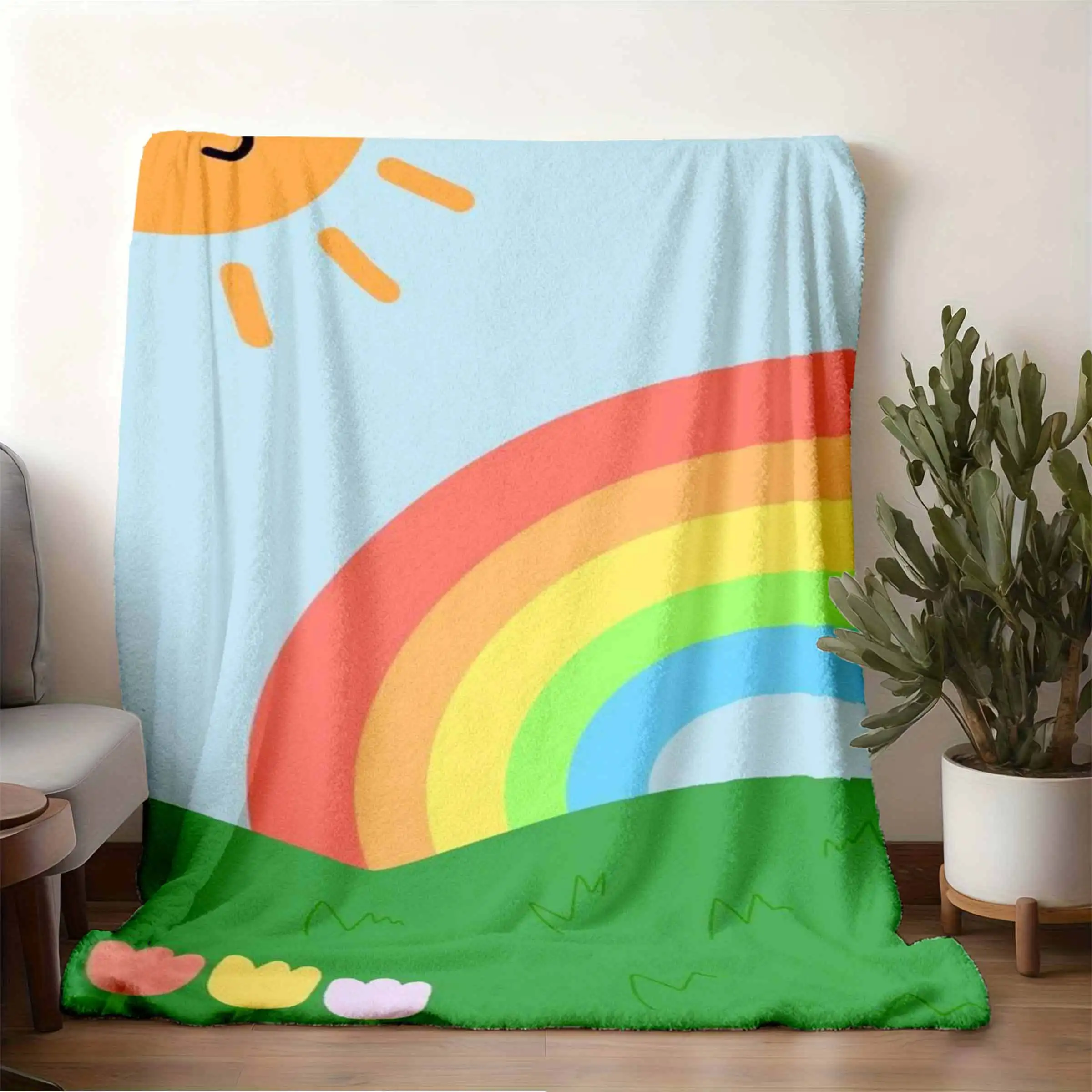 Cartoon Sun Rainbow Blanket Soft Skin Friendly Flannel Throw Blanket Cozy Nap Air Conditioning Blanket for Bedroom Living Room S