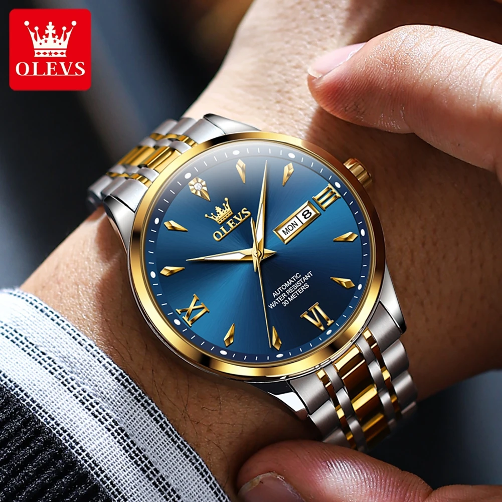 OLEVS Digital Automatic Watch for Men Original Classic Business Men Waterproof Wristwatches Week Date Display Gold Watch 9956