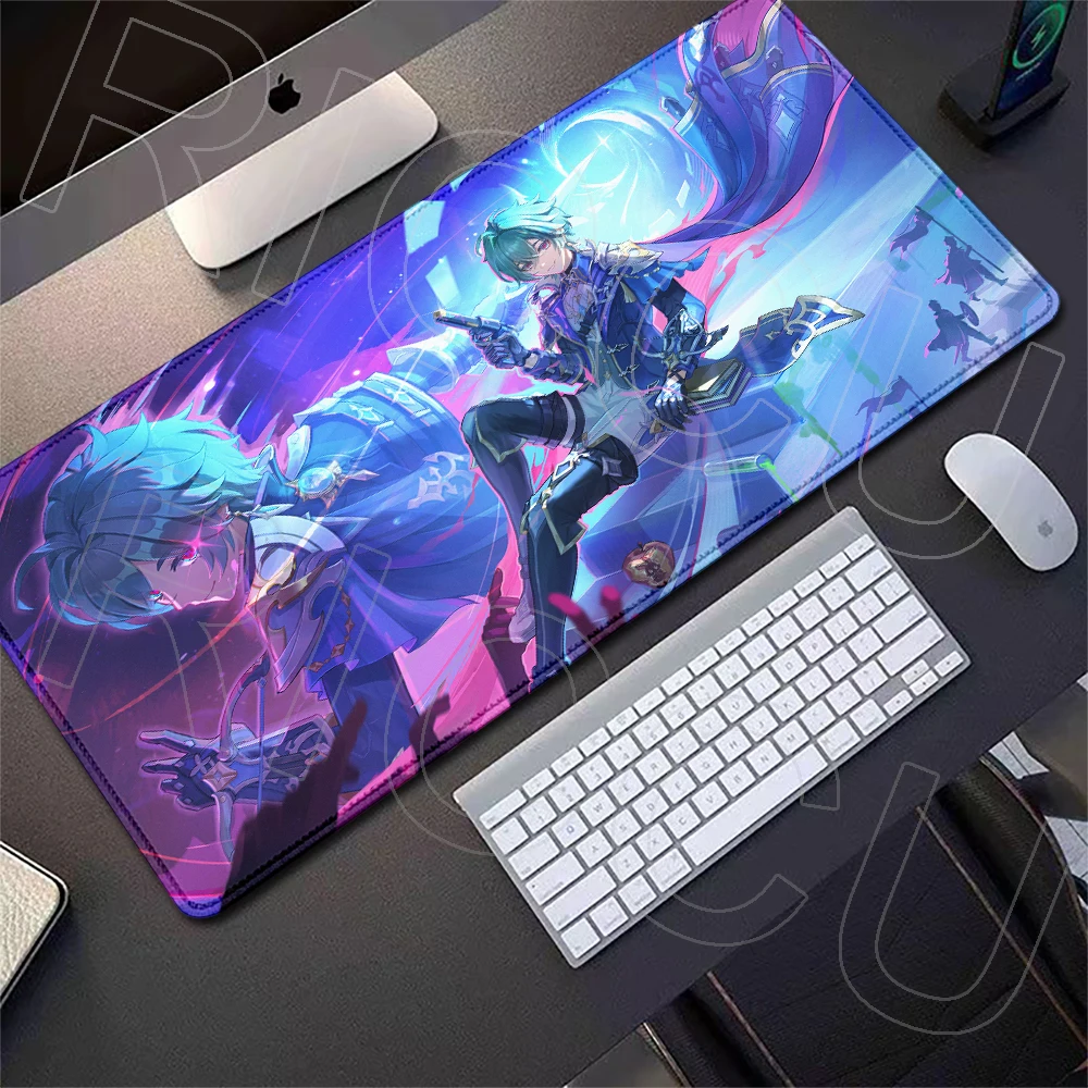Großes Anime-Spiel Genshin Impact Lohen Mauspad, rutschfeste Gummibasis, verriegelter Rand, waschbar, schnell gleitende Schreibtischunterlage, Tastatur-Mauspad – Detail 4