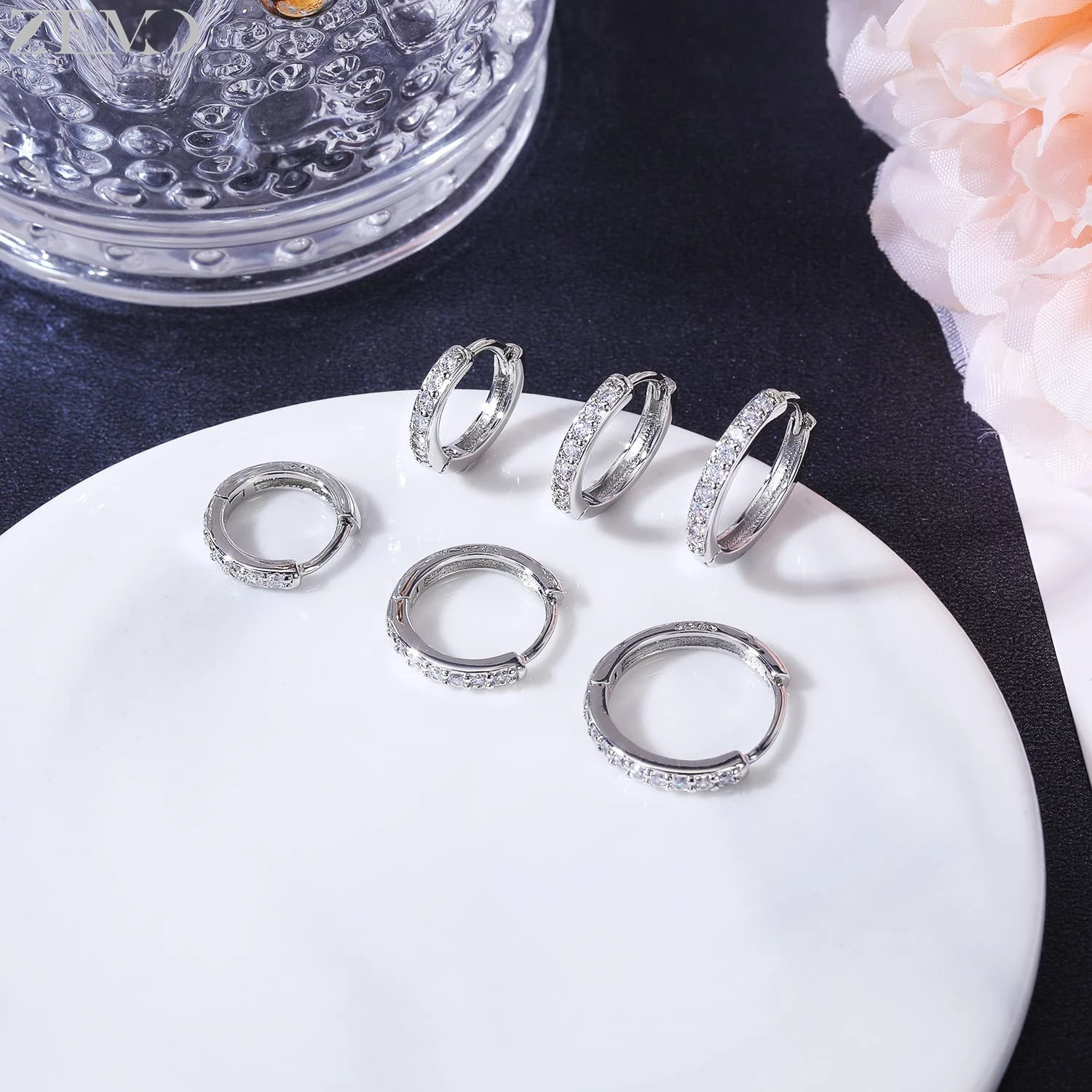 ZEMO 1-2pcs/lot 925 Sterling Silver Hoop Earrings CZ Crystal Round Earring 8.5/10.5/12.5MM Circle Tragus Helix Piercing Jewelry