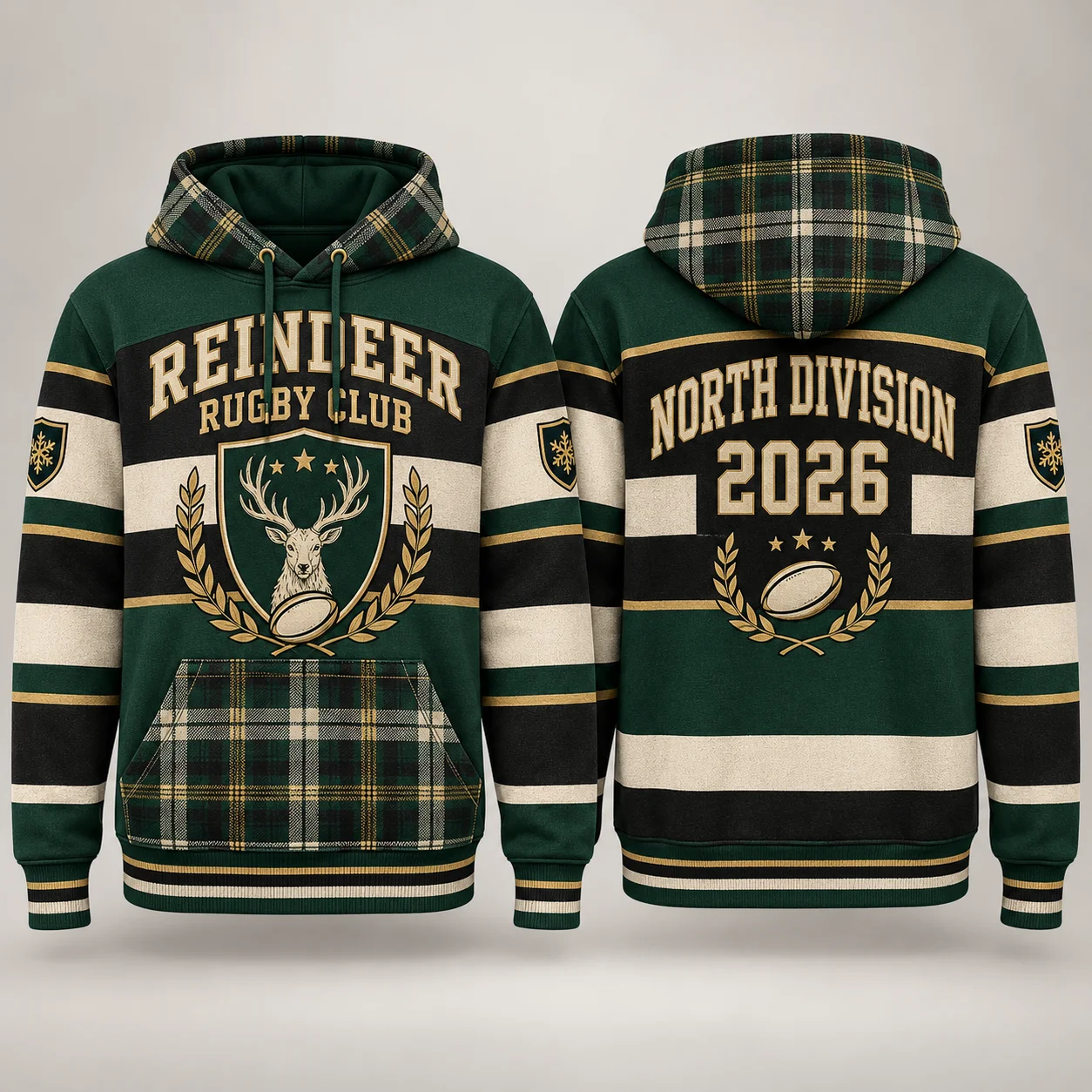 Christmas 3D Print Vintage Varsity Hoodie Plaid Shield Laurel Gold Letter Rugby Stripe Unisex Pullover Sweatshirt Winter Holiday