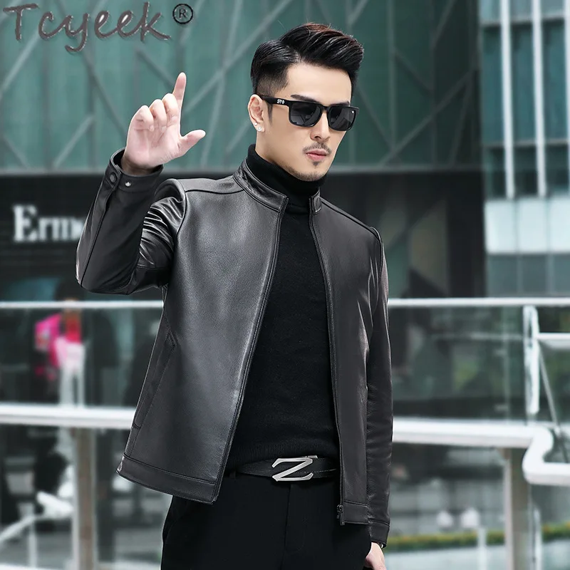 Tcyeek Genuine Leather Jacket Men Business Casual Goatskin Coat Spring Autumn Clothes Men's Leather Jackets Casaco Masculino