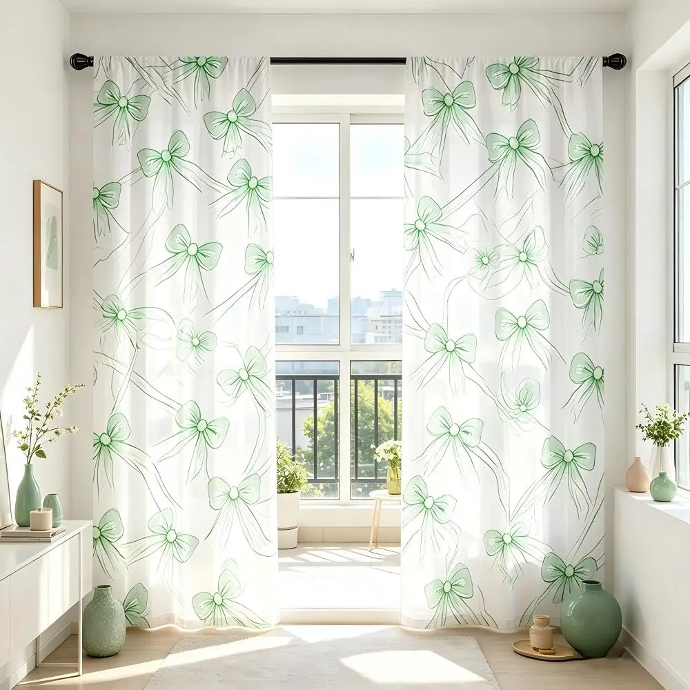 2PCS Green Bow Curtains, Cute Ribbon Print, Festive Window Drapes for Living Room Bedroom Kids Room Home Decor