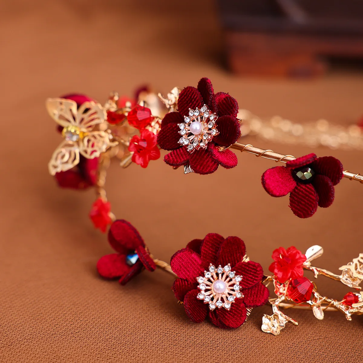 Chinese Red Flower Long Tassel Headband Earrings Set Handmade Traditional Gold Color Headwear Bridal Headdress Hair Accessories