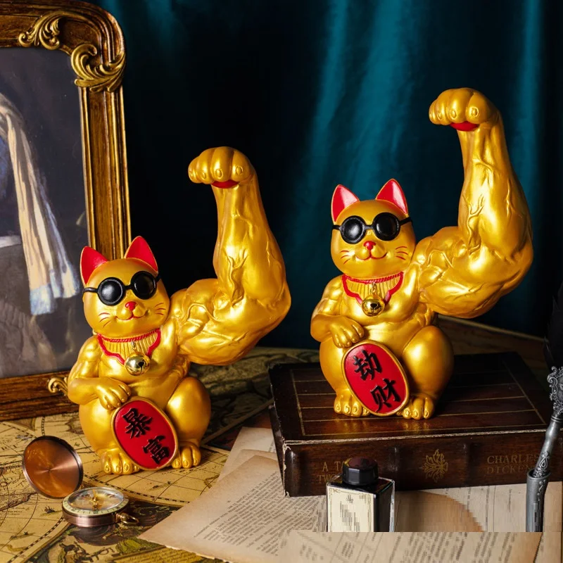 

1 PC Resin Lucky Cat Big Muscle Arm Ornament Giant Golden Creative Home Office Shop Decor Small Large