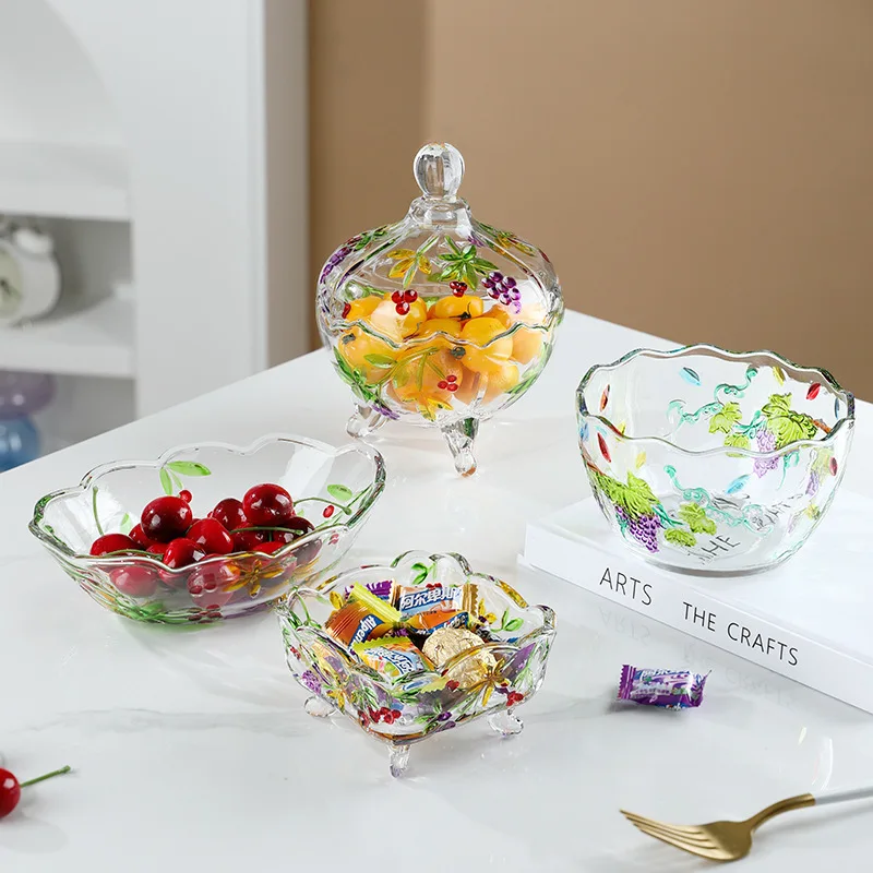 

Handmade Painted Carved Glass Fruit Bowl Table Plates New Retro Ornament Tray For Jewelry Fruits Snacks Stylish Home Decoration