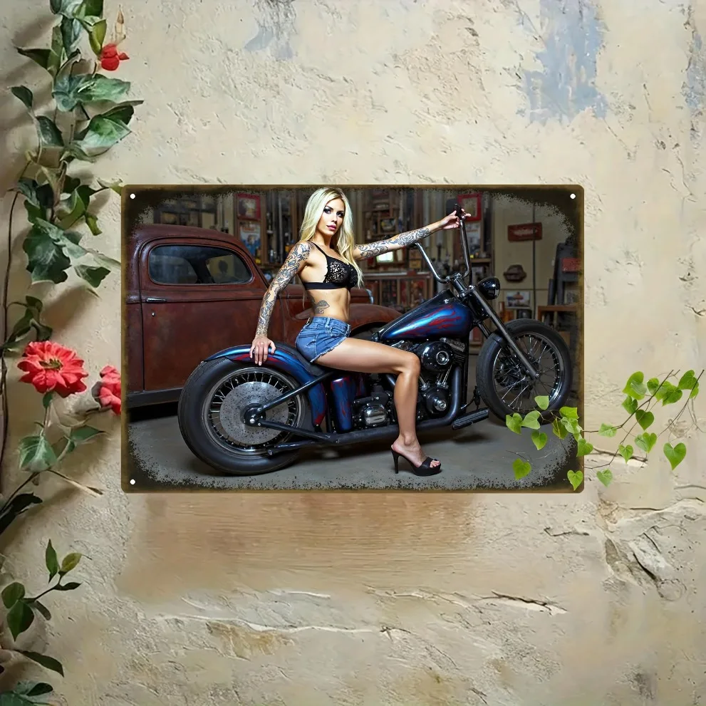 Vintage-Motorrad-Wandkunstschild aus Metall – cooles Biker-Garage-Dekor für Männerhöhle, Bar, Studio. Robustes Metall mit einfachem Montagesatz.