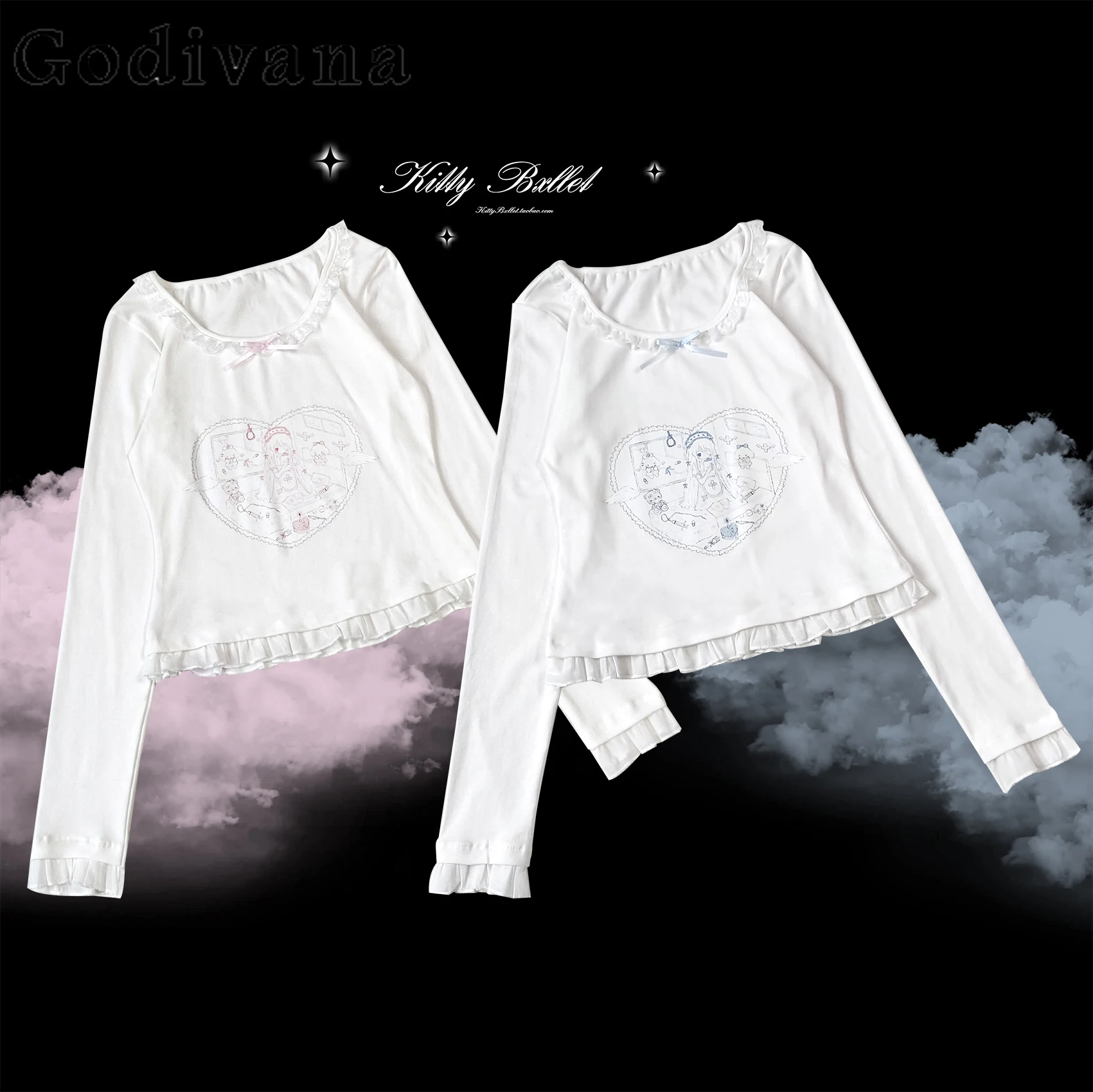 

Japanese Mine Series Mass- Produced Lace Edge White Bottom Long-sleeved Top Women's Sweet Cute Cartoon Printed Casual T-Shirts