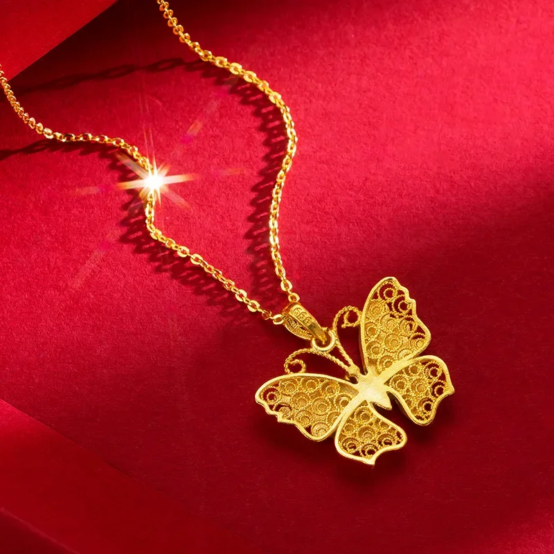 Collier pendentif papillon en or jaune 24 carats pour femme, 9999 or véritable, antique, clavicule haut de gamme