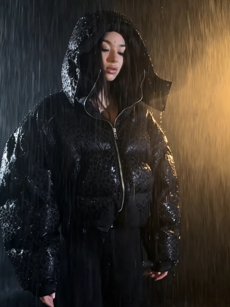 Women Leopard Print In Water Padded Jacket Chic Hooded Warm Zipper Casual Puff Cotton Coat 2026 New High Street Winter Jackets