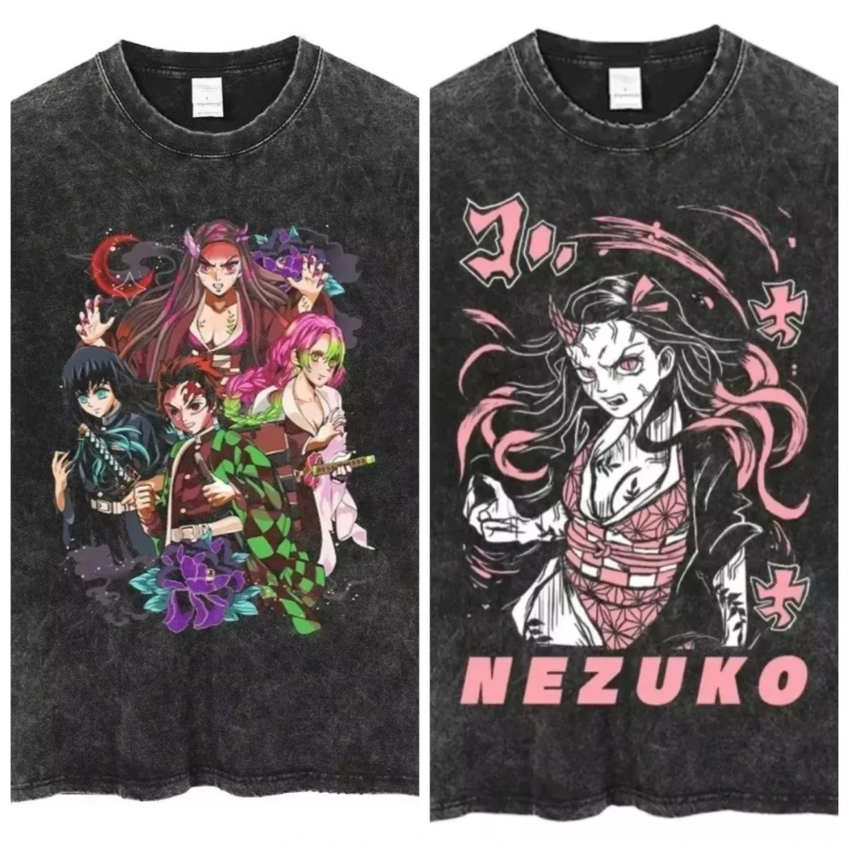 Demon Killer All Characters and Pillars Anime T-Shirts Vintage Washed Old Short Sleeve Printed Men's and Women's T-Shirts