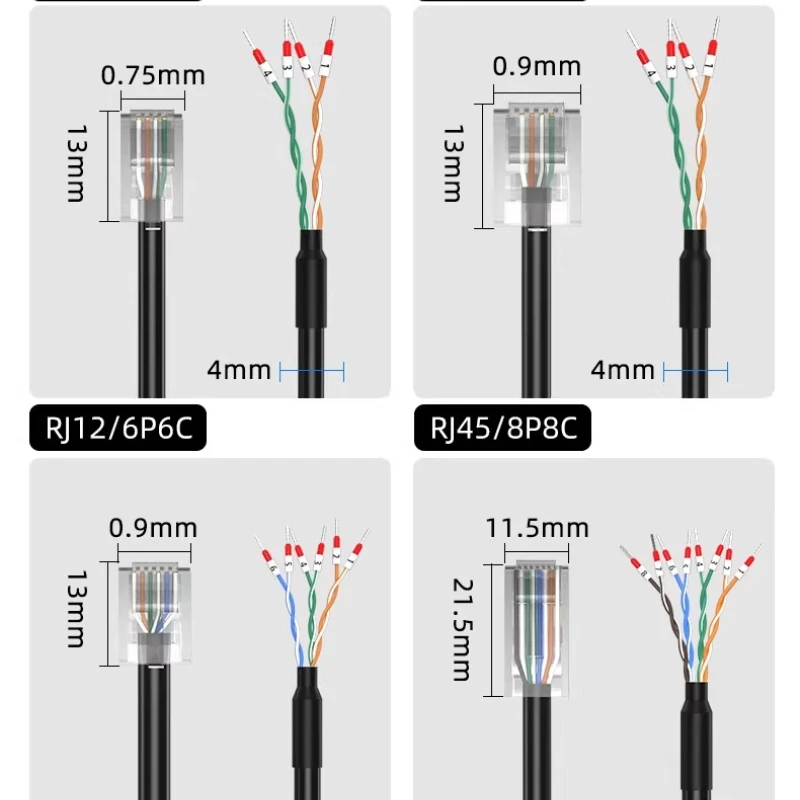 RJ11/RJ12/RJ45/RJ48/RJ50 Crystal Head Terminal Wire with Number Tube 6P6C 8P8C 10P10C RJ45 to 232 Single Head Cable Connector