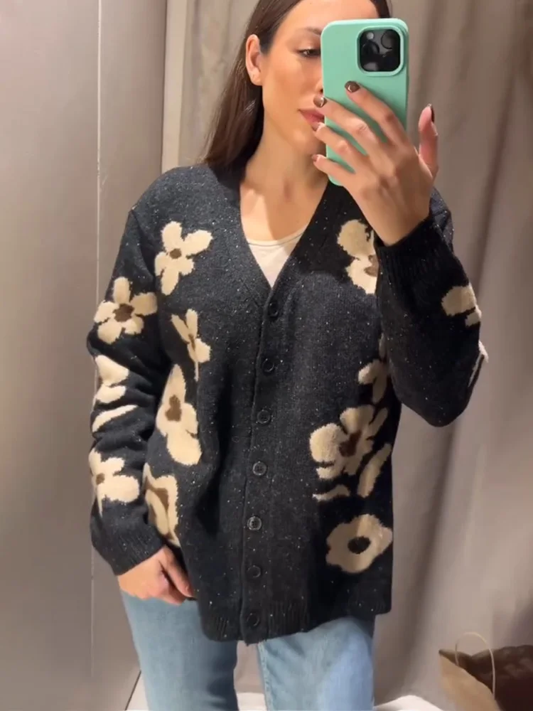 

HH Autumn Women Elegant Long Sleeve V-Neck Flower Printing Knitted Jacket Women Loose High Street Single-breasted Sweater