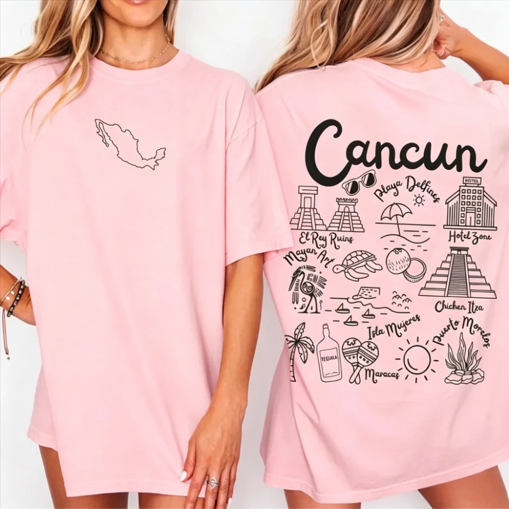 

Рубашка Cancun Shirt Mexico Doodles Landmarks, повседневная рубашка унисекс, мексиканский подарок, сувенир, летняя футболка, женская модная футболка Playa Del Carmen