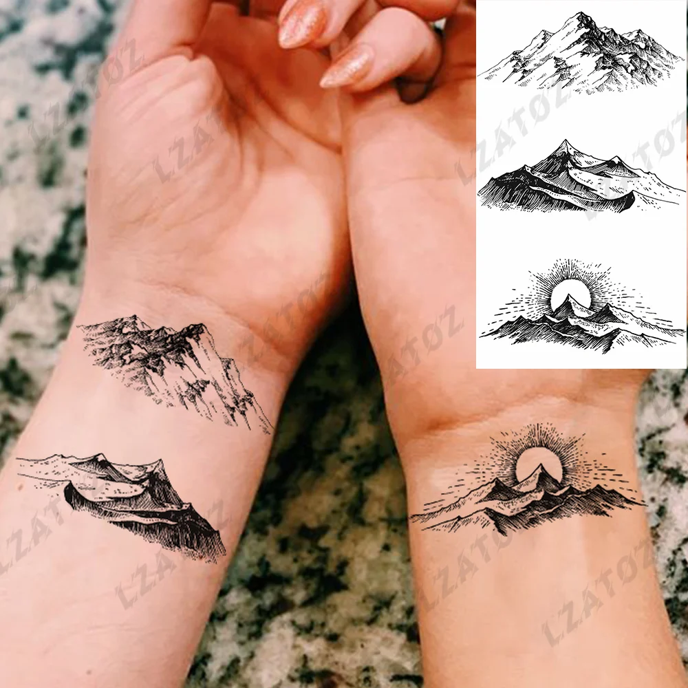 Black Mountain Sun Temporary Tattoo For Men Women Adults Fake Trees Plants Waves Tattoo Stickers Hand Water Transfer Tatoos