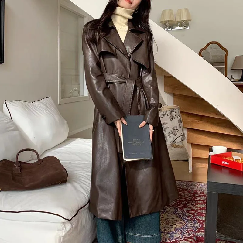 2024 Women Vegan Leather Trench Coat Lady Long Coats Windbreaker Female Leather Overcoat QX5998