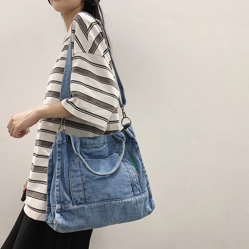 Denim Tote Bags For Women High Street Shoulder Bag Female Shopper Bag Commuter Eco Bag Korean Canvas Messenger Bag Y2K Satchel