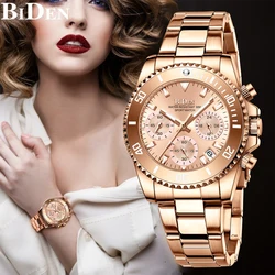 BIDEN Fashion Business Women's Watch Waterproof Luminous Quartz Watch Stainless Steel Strap Multi functional Chronograph