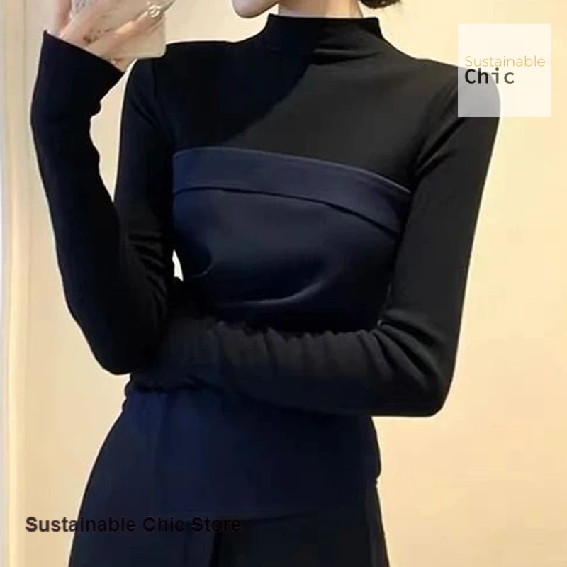 

Korean style contrast stitching top women's spring and autumn new fashion temperament advanced waist long sleeve bottoming shirt