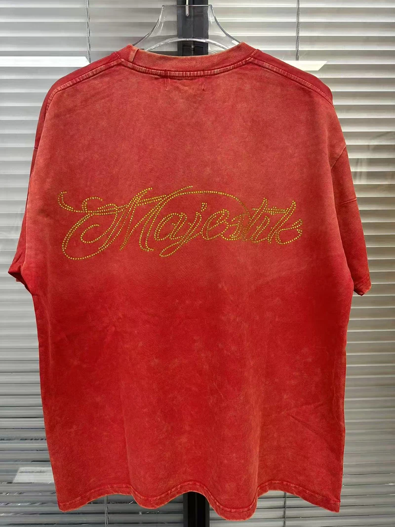 New Style Washed Red MAJESTIK T-shirt Do Old Rhinestone Pattern Printed Tops Majestik Short Sleeve Tee
