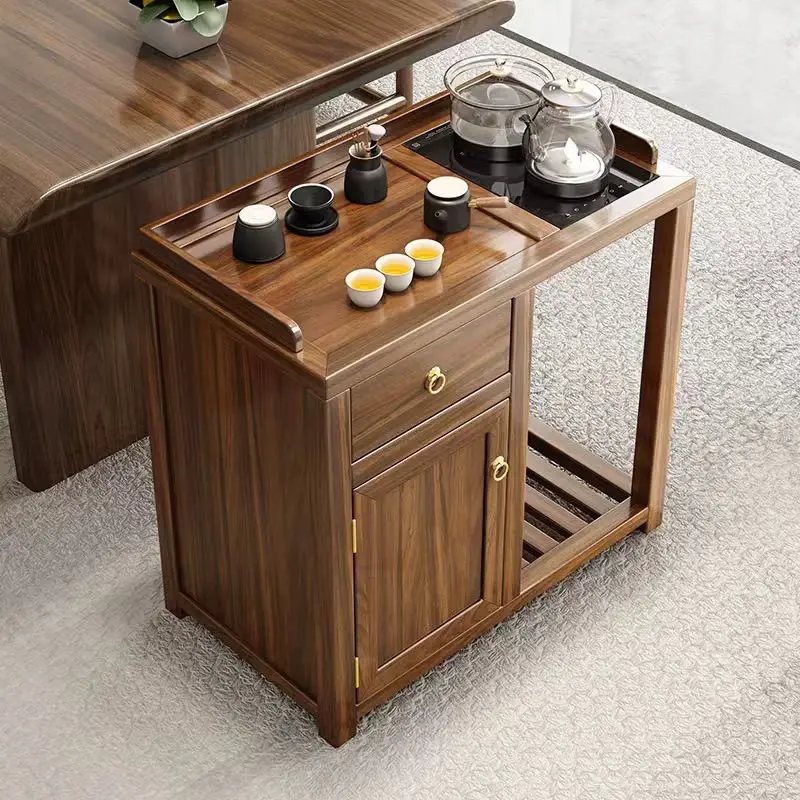 

Solid wood new Chinese tea cabinet walnut mobile kettle integrated living room tea table boiling water home can be wholesaled