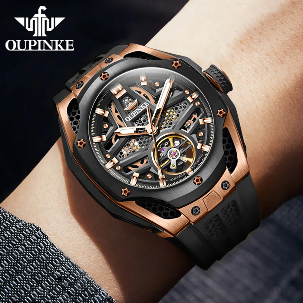 OUPINKE 9003 Silicone strap hollow dial men\'s mechanical watch