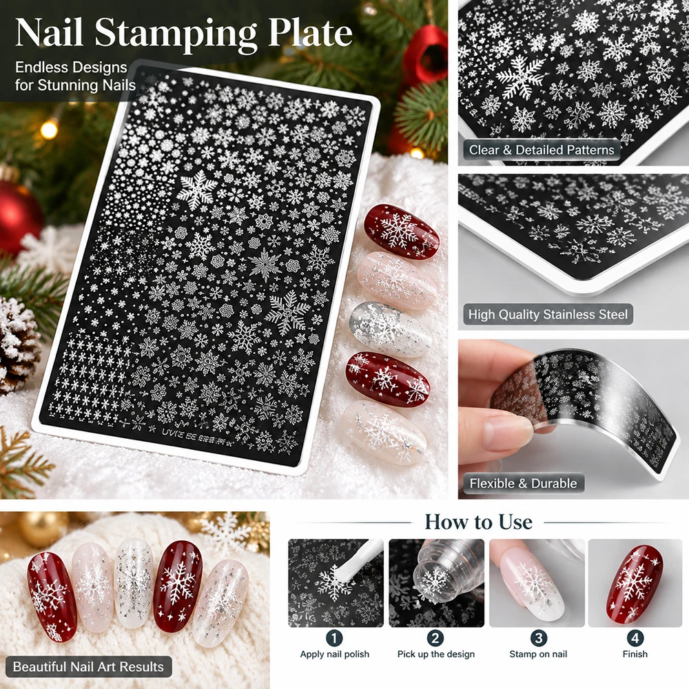 Plus Size Christmas Nail Stamping Plate Snowflake Nail Transfer Printing Steel Plate Winter Snow Pattern Nail Art Stamp Template