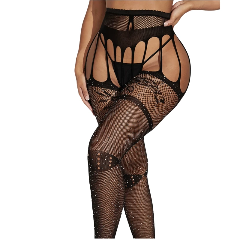 Shengrenmei Women Bodystockings Sparkle Shiny Mesh Pantyhose Party Wear Lady High Waist Suspender Socks Woman Open Crotch Tights