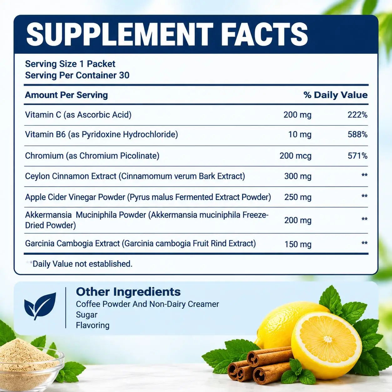Mocktale-1 Metabolic Support Powder Drink Mix with Vitamin C,B6 & Chromium for Energy & Appetite Control,Lemon Mint,30 Packets