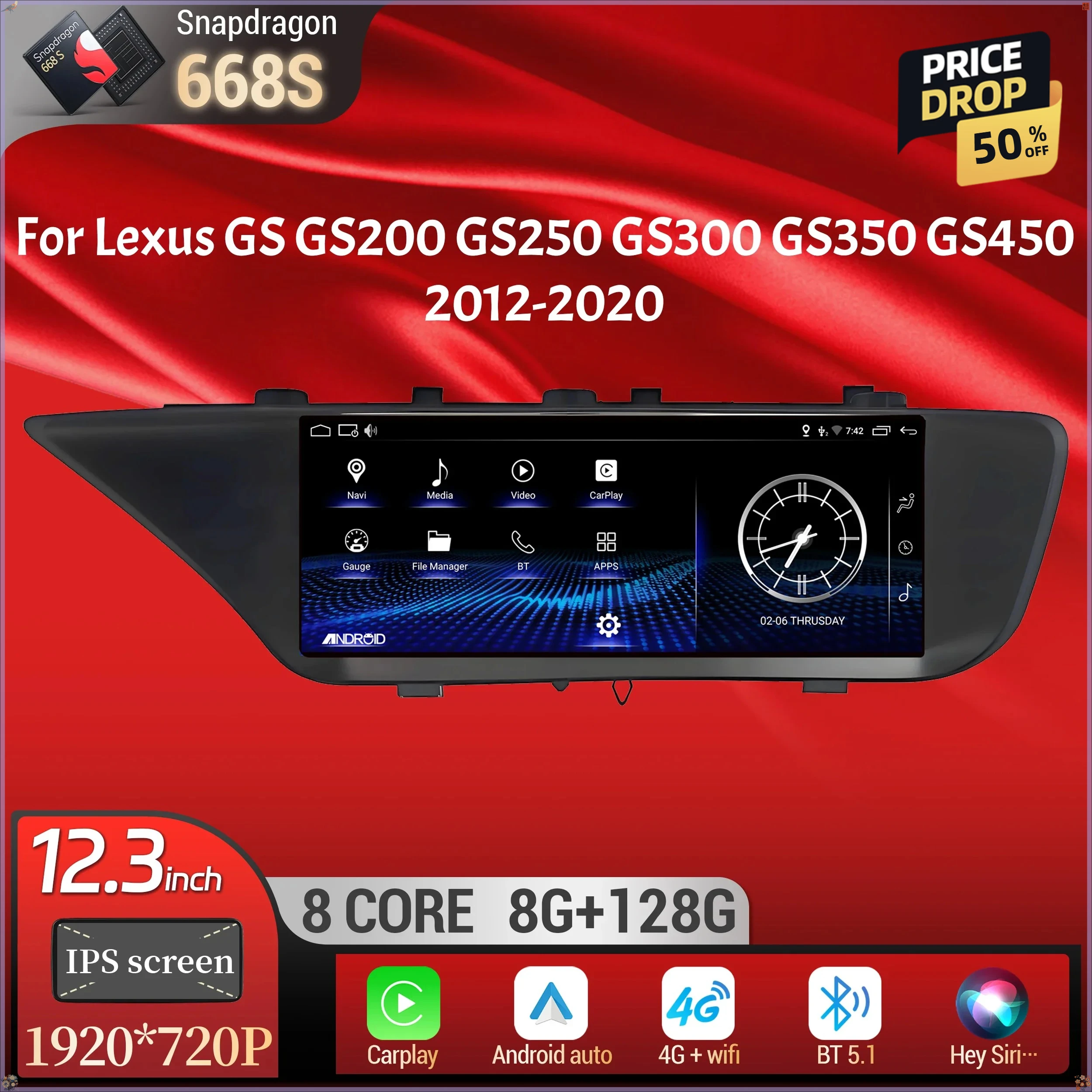 12.3inch Android 14 Car Radio Multimedia BT Carplay Snapdragon 668S Screen For Lexus GS GS200 GS250 GS300 GS350 GS450 2012-2020