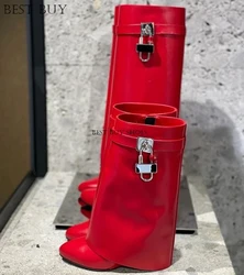 black red Women High Heel Pointed Toe Big size 43 Black Fold Knee high Boots flat Shoes Shark Lock Women Wedge Heel Long Boots