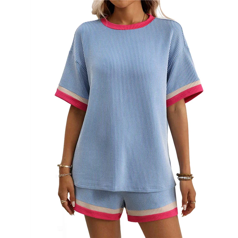 ชุดลำลองสองชิ้นสำหรับผู้หญิง A09P เสื้อแขนสั้นแบบสวมทับกับกางเกงขาสั้นเข้าชุด ชุดลำลอง ชุดออกกำลังกาย