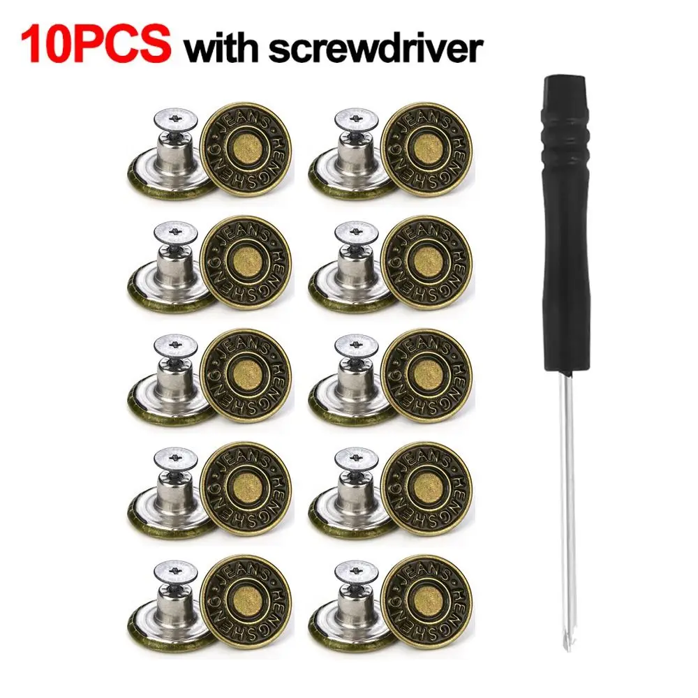 

10Pcs/pack With Screwdriver Jeans Buttons Nail Free Sewing Accessories Waist Extenders Button 17mm Clothing Pants Waist Buckle
