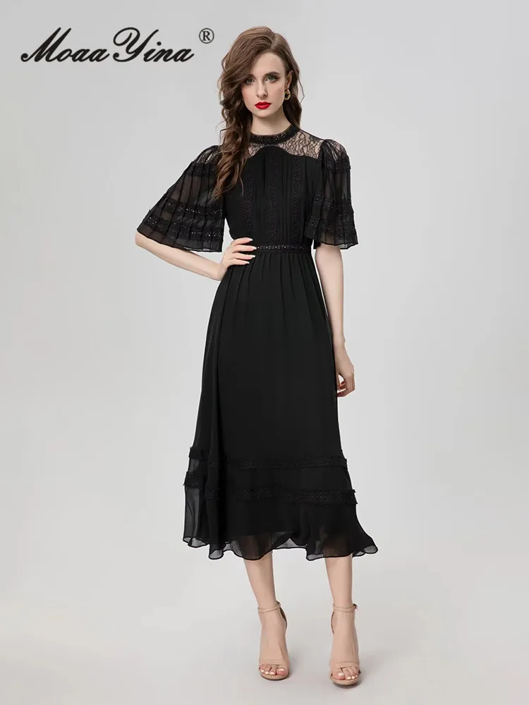 

MoaaYina Summer High Quality New Arrivals Women Dress Solid Color Net Yarn Embroidery Pleated Temperament Big Swing Dresses