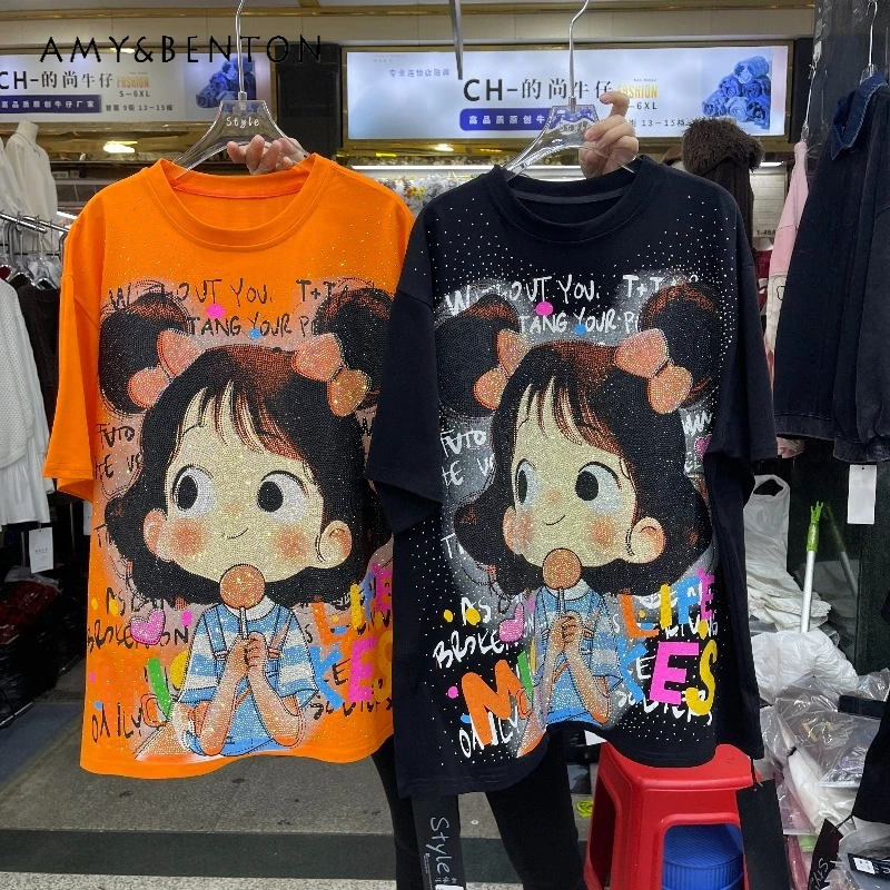 

2026 Summer New Heavy Rhinestone Cartoon Girl Short Sleeves T-shirt Kawaii Clothes Y2k Loose Casual Versatile Pullover Top Tees