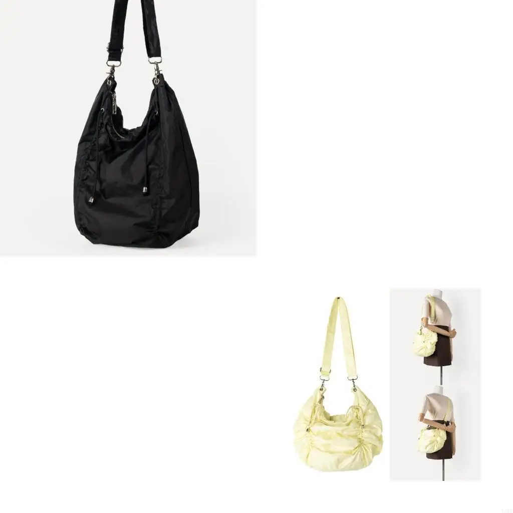 

Stylish Daily Use Drawstring Pleated Shoulder Bag Large Capacity Nylon Crossbody Purse Satchel For Work Or Study