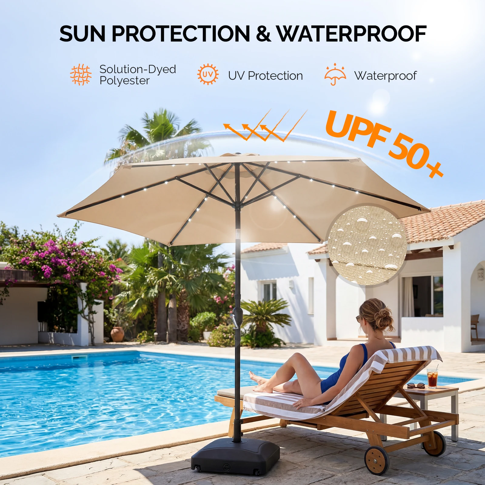 9ft Solar Patio Umbrella With LED Lights, Outdoor Market Table Umbrella With Push Button Tilt,6 Ribs Waterproof Umbrella For Gar